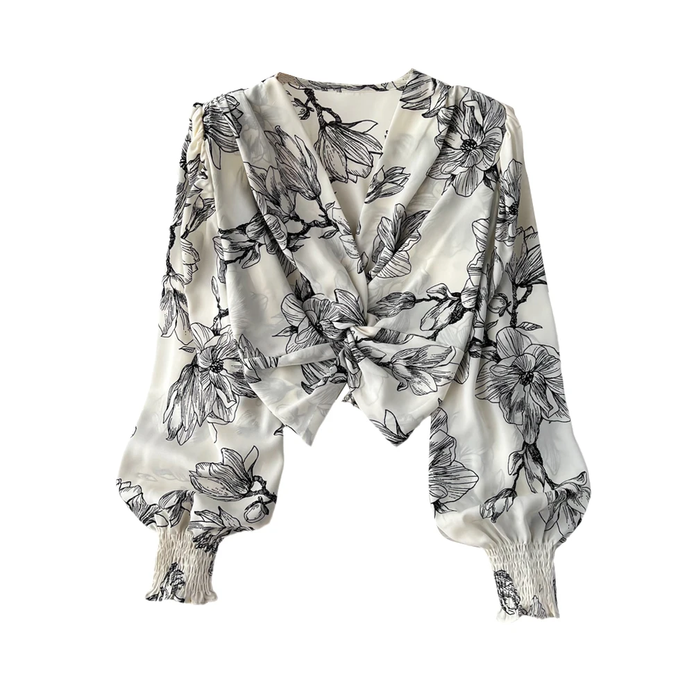 قميص نسائي قصير عصري كوري برقبة على شكل حرف V وأكمام طويلة مطبوع عليه زهور وخصر مخصر، قميص نسائي بأكمام واسعة