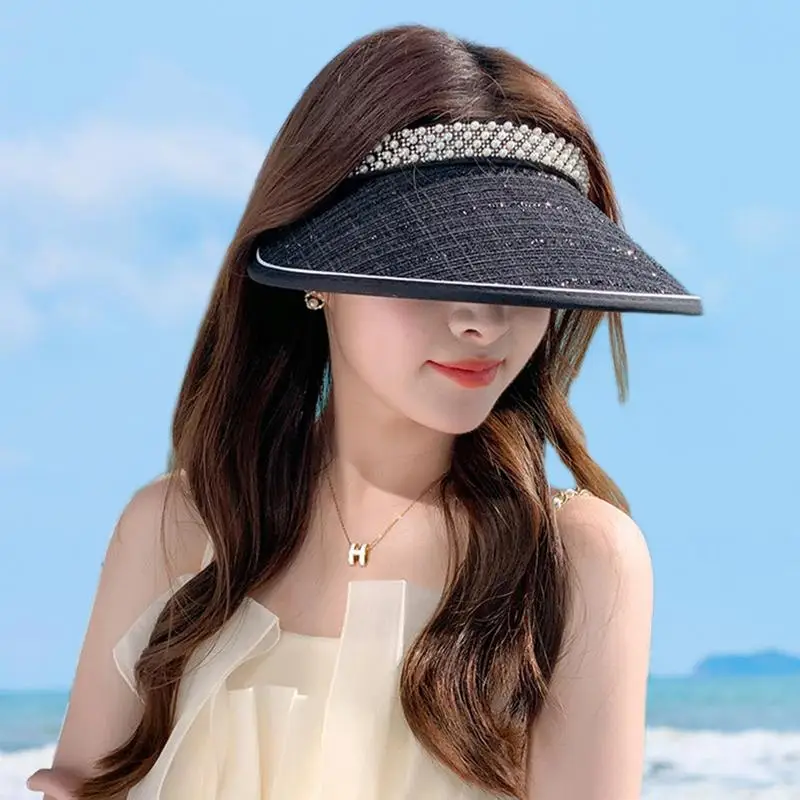 UV Protection Visor Hat Empty Top Wide Brimmed Sun Hat Pearl Design Female Sun Hat Hair Band Style Black Rubber Hat For Summer