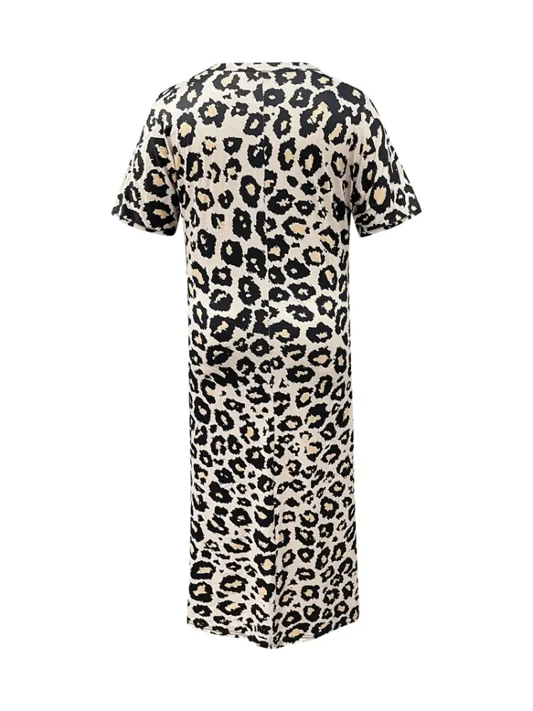 Plus Size Leopard Print Slit Dress Casual V Neck Short Sleeve Dress For Spring & Summer Odzież damska Plus Size