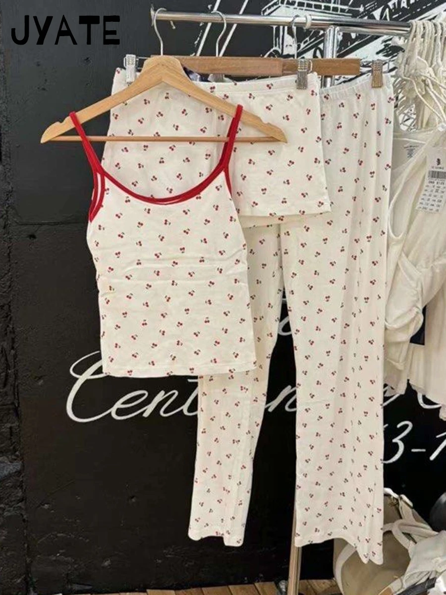 Sweet Cherry Print Pajama Sets Women Summer New Cotton Soft Casual Eyelet Tank Tops+Long Pants Vintage Cute Cozy 2 Piece Set Y2K