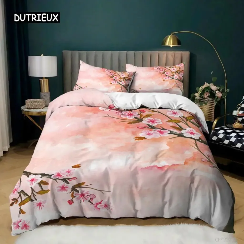 

Plum Blossom Duvet Cover Set King Pink Flower Quilt Cover for Girls Microfiber Branches Printed Bedding Set