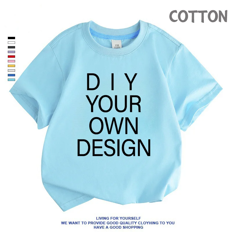 Camiseta de manga corta con cuello redondo para niño y niña, camisa con patrón impreso personalizable, de Color sólido, a la moda