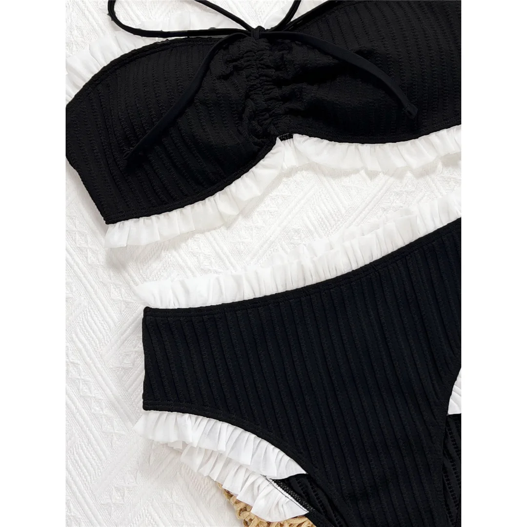 Bandeau-Bikini mit Rüschen, hochtaillierter Damen-Badeanzug, zweiteiliger Bikini-Set, Badebekleidung, Badeanzug, Modell V7039 – Detail 11