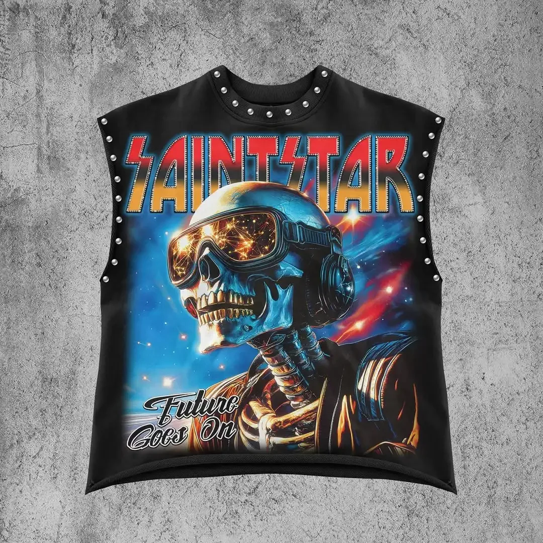 Y2K Hip-Hop Streetwear, lockeres ärmelloses Herren-Sommer-Tanktop, modisches Retro-T-Shirt mit amerikanischem Graffiti-Print und lässigem Nieten-Design, hehe – Detail 2