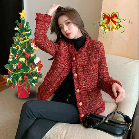 

2023 Autumn/Winter New Red Rough Tweed Short Loose Korean Version French Style Celebrity Coat Women's Trend Jaket Women Fashion