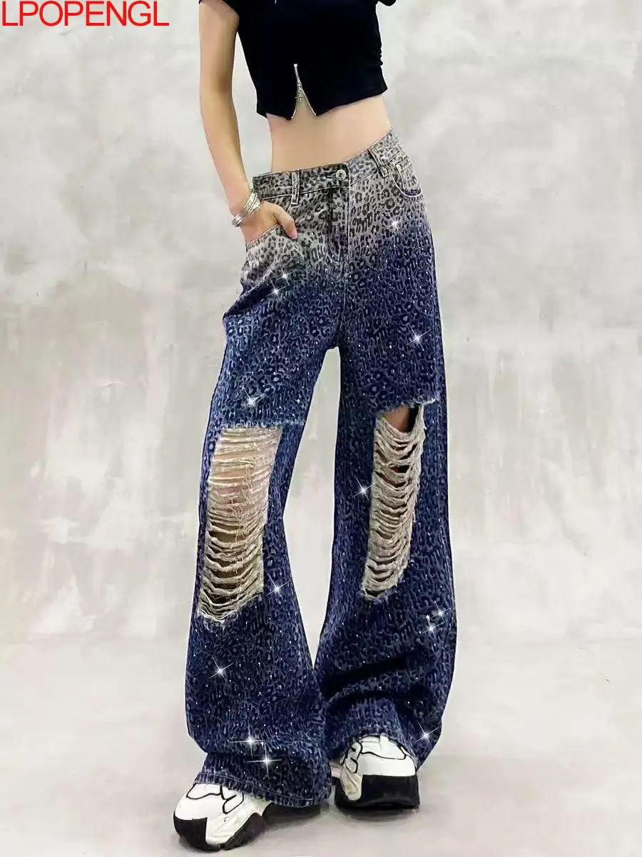 

Gradient Color Leopard Print Ripped Jeans Perforated Holes Spring New Style High-waisted Loose Versatile Straight Wide-leg Pants