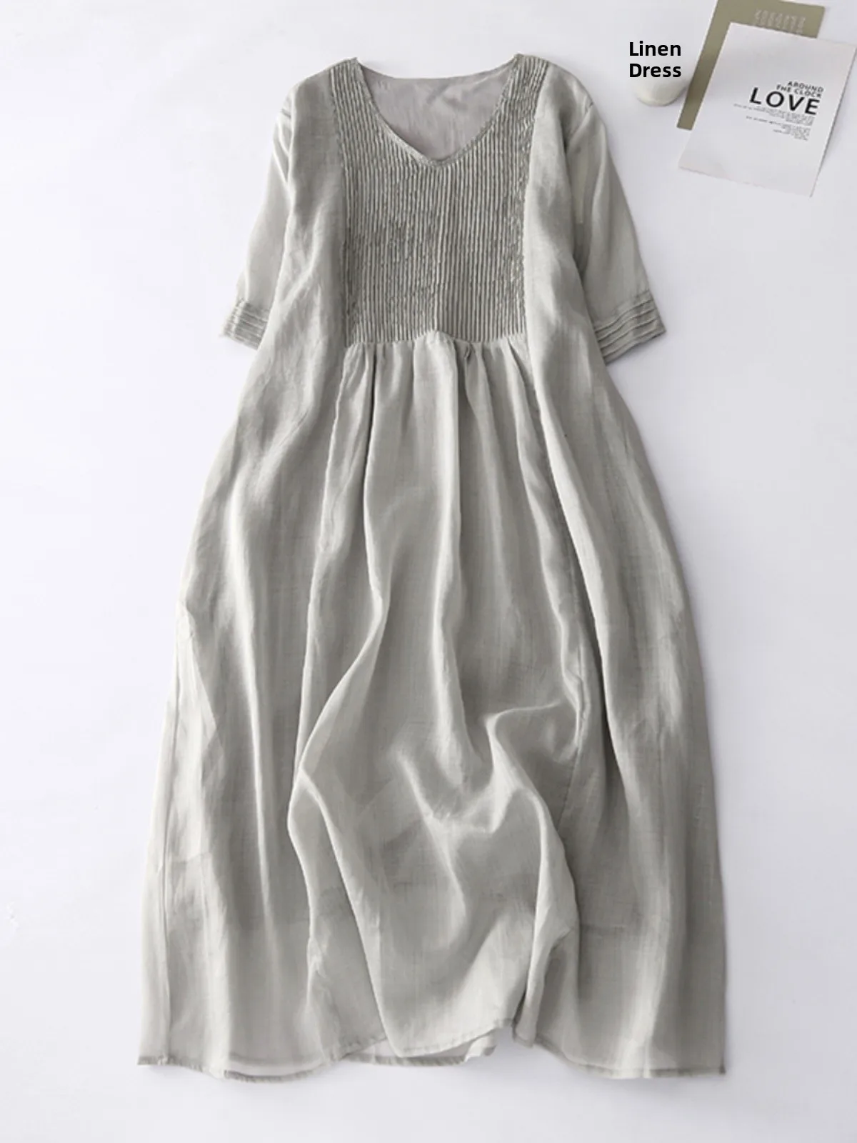 Vestido de Lino de Aodón de Marca Japonesa Artística, Hoado, con Pliegues en Acordeón, Manga Media, Estilo Vintage, Falda...