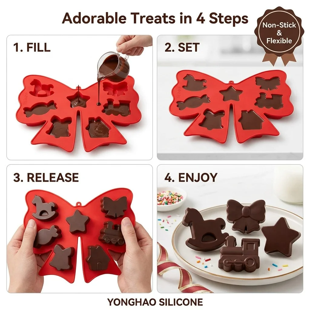 Bow‑Shaped Silicone Chocolate Mold Rocking Horse Train Star Candy Mould Non‑Stick For Cake Decoration Soap Jelly DIY Baking Tool
