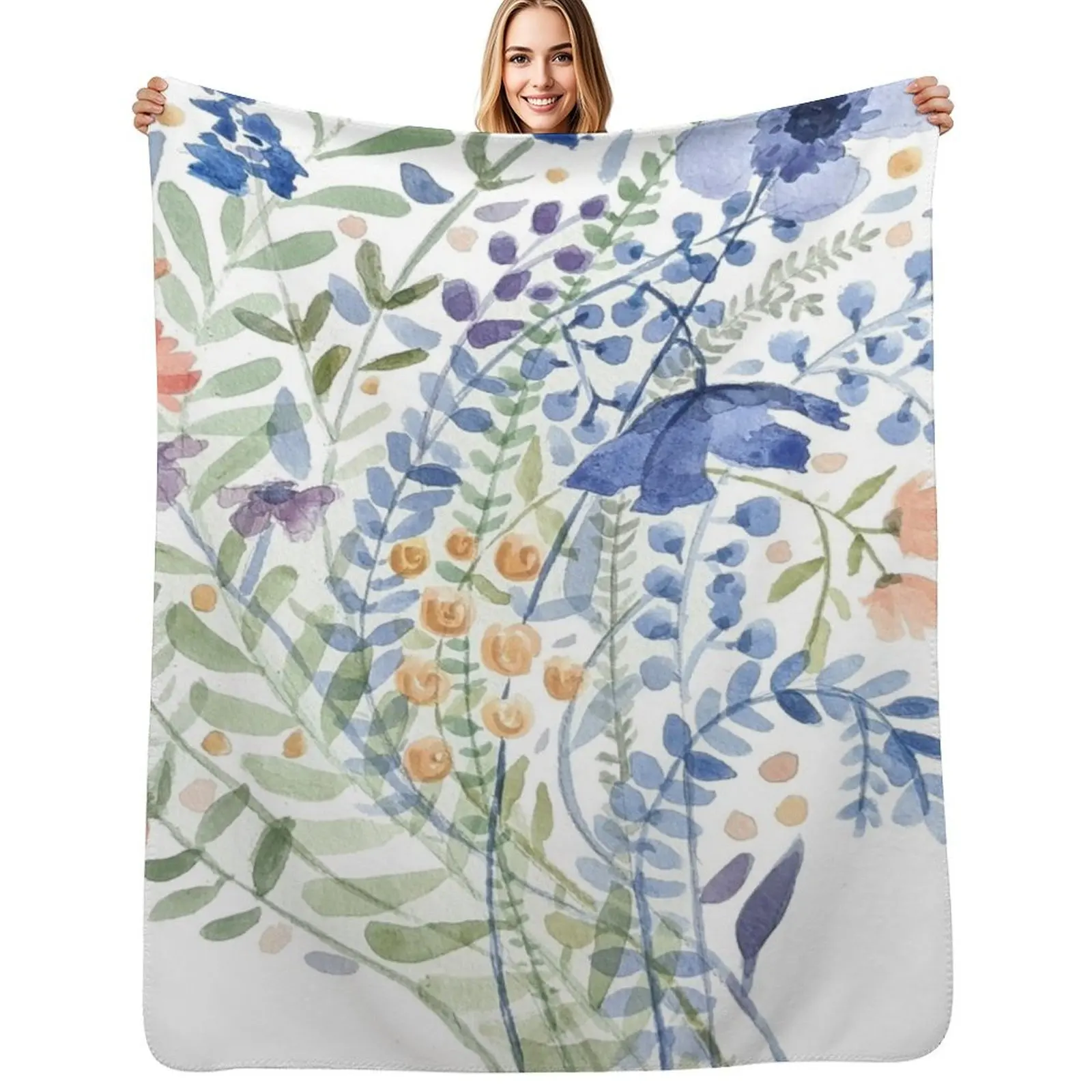 Blue Summer Watercolor Bouquet Painting Throw Blanket manga Multi-Purpose Plaid on the sofa Cute Camping Designers Blankets