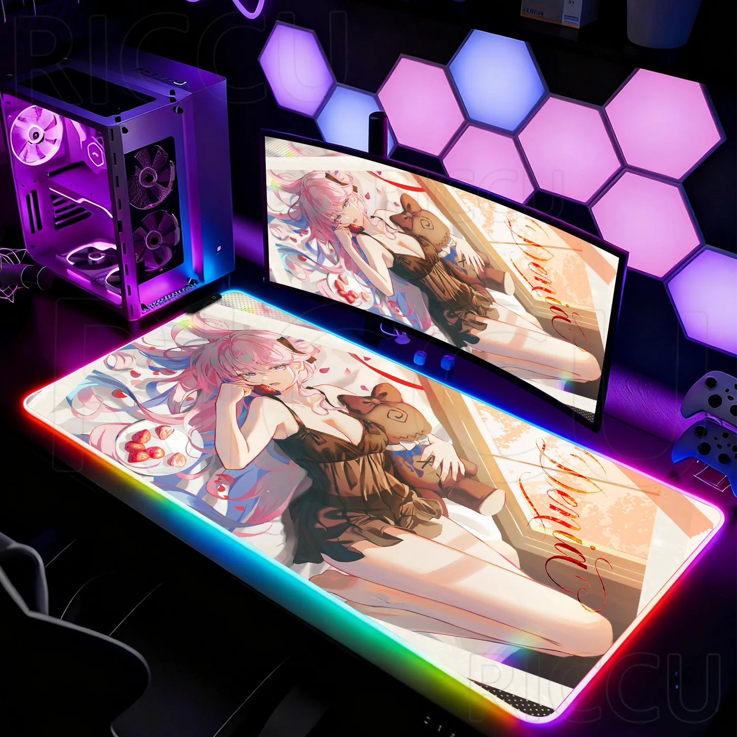 RGB XXL Kawaii Anime Girl Denia rapid response Wuthering Waves Gaming Mousepad Computer Keyboard Mouse Pad Rubber LED Desk Mat