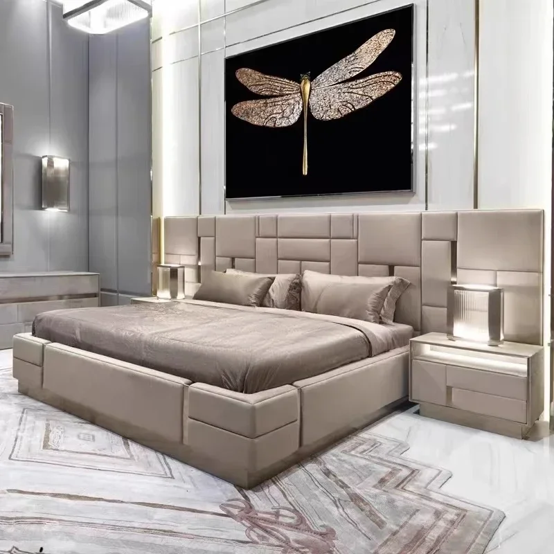 

Italian light luxury modern leather villa large master bedroom double bed