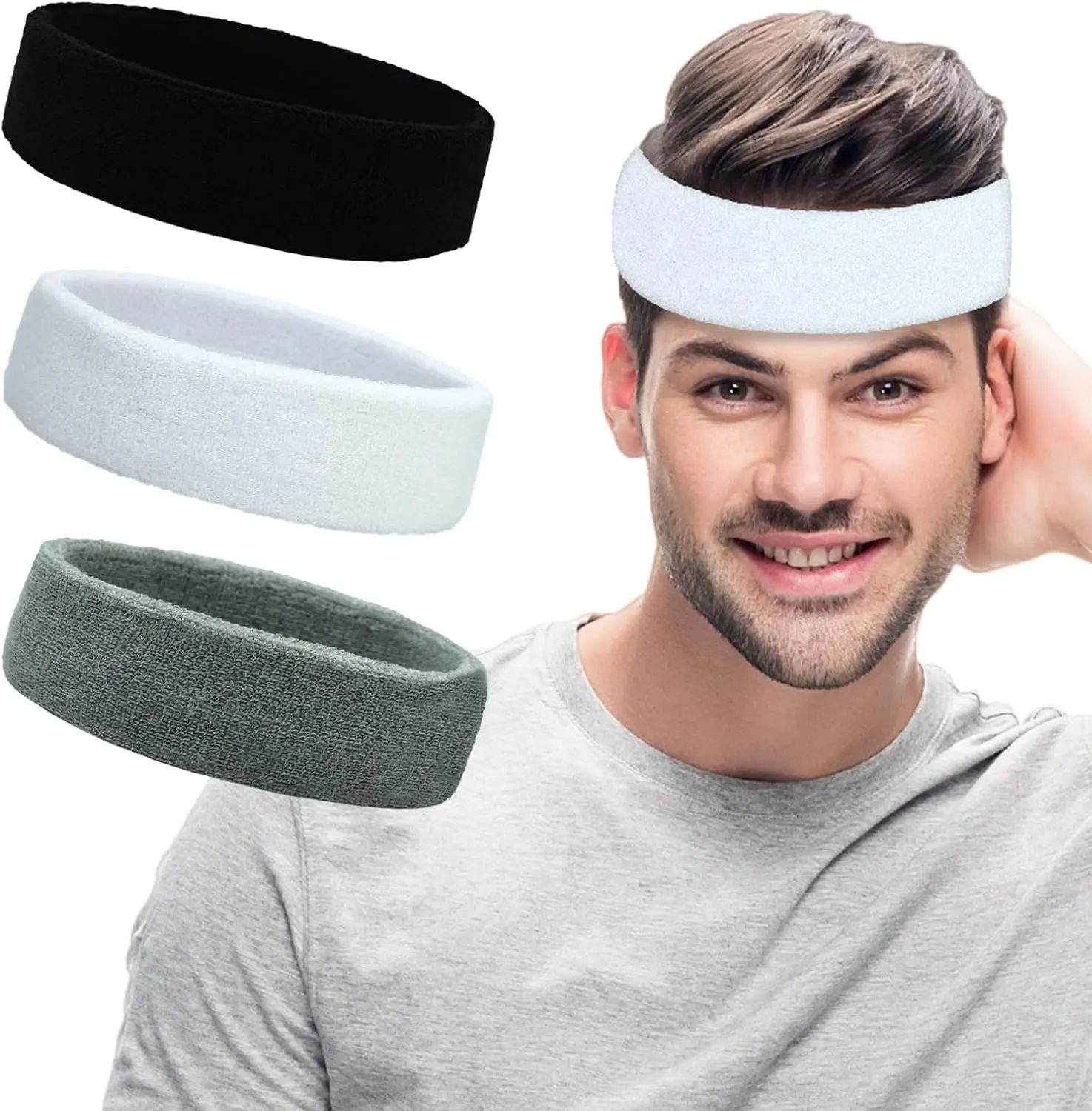 Sports Headbands for Men & Women - 3 Pack Moisture Wicking Cotton Headband for Tennis, Basketball, Running, Gym - Swe