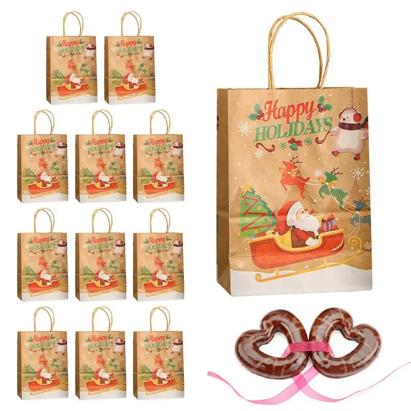 Christmas Kraft Paper Bags 12pcs Party Favor Bags Christmas Sacks For Presents Bags For Children Holiday For Snacks Candies For