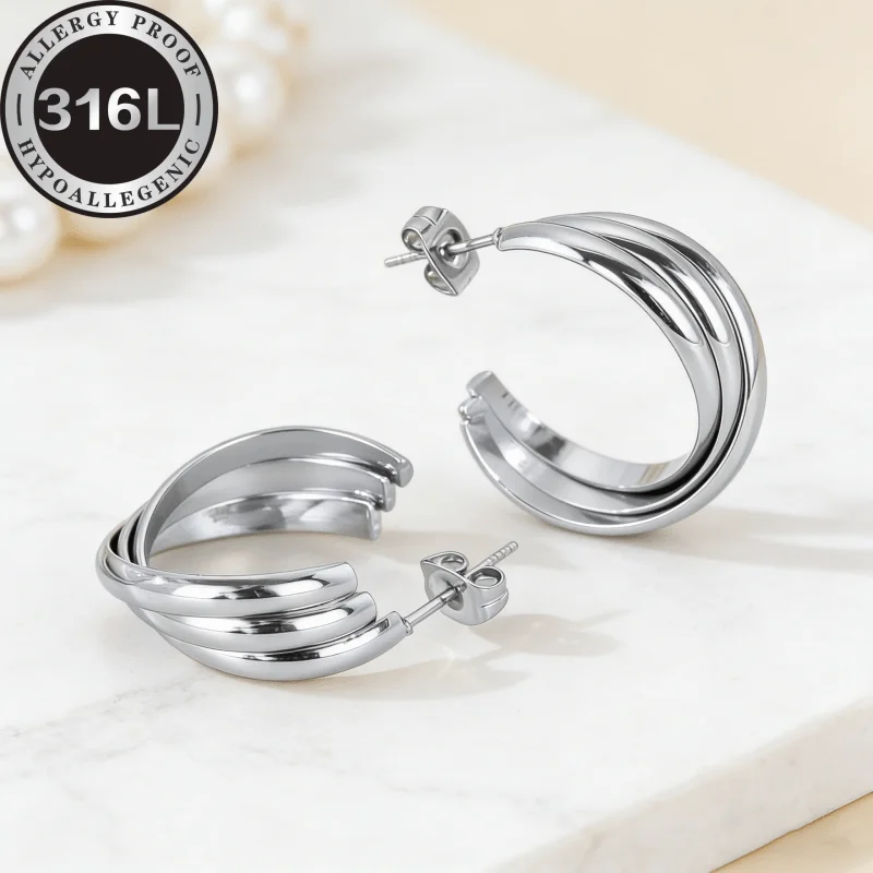 Anti-allergic, hemispherical three-wire cross-fit round Golden | Silvery stainless steel earrings, simple and elegant versatile