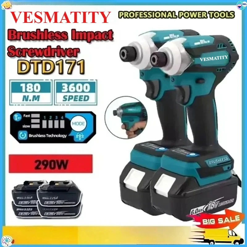 Cordless Impact Driver, Brushless Motor, 180N·m, Lightweight, One-Hand Mode Switch, for 18V-20V battery for DIY Repair