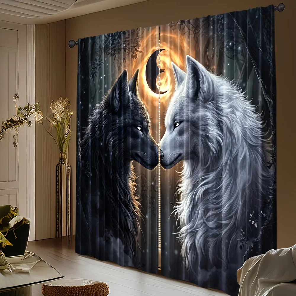 2pcs Thermal Insulating Blackout Curtains - Wolf design Window Drapes with Dark Background, Light Blocking & Energy Efficient Wi