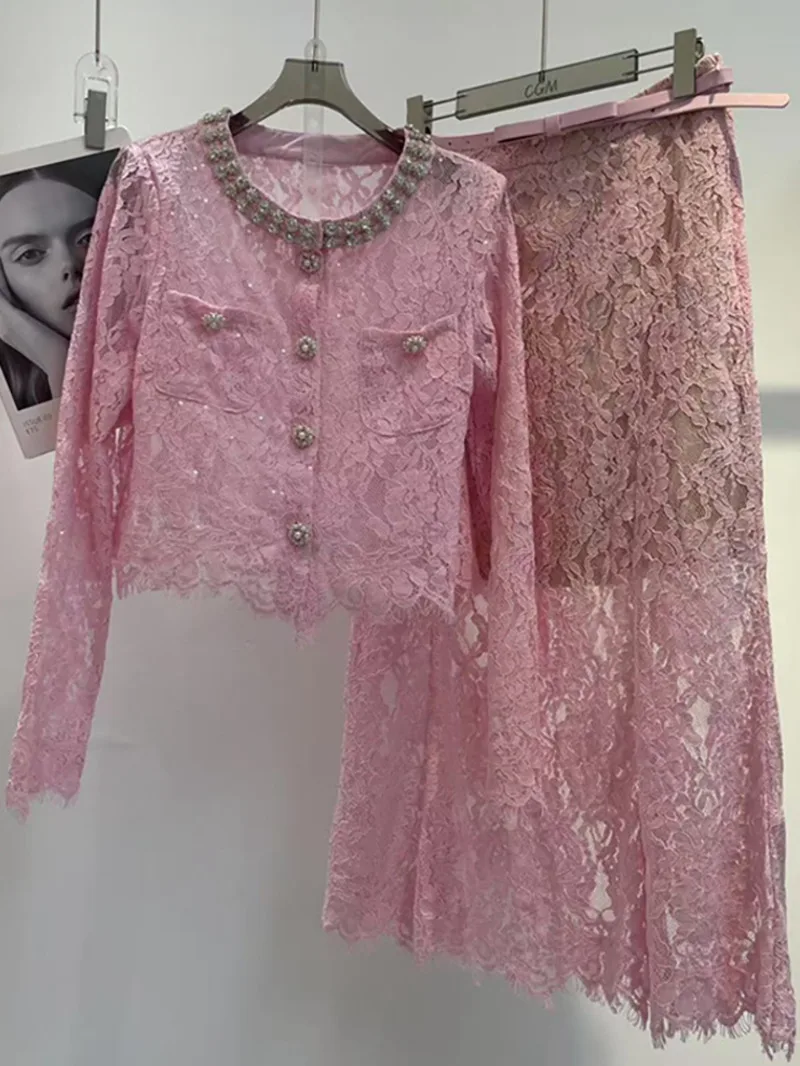 Fashion Blue 2 Piece Set Women Beaded Round Neck Short Jacket High Waist Belte Lace Skirt Suit Autumn New 395K9