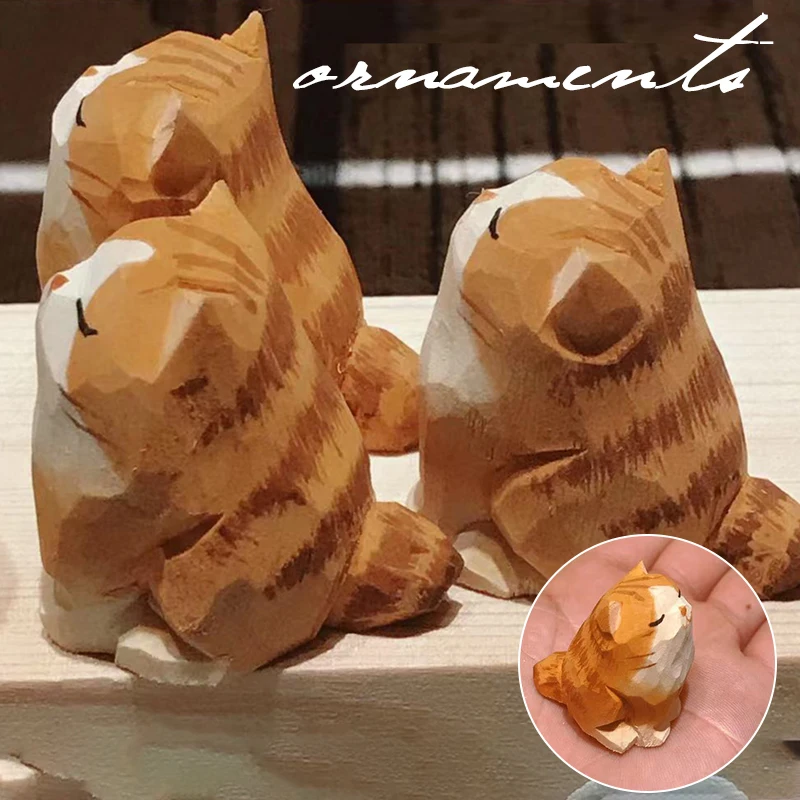 Mini Wooden Cat Ornament Creative Animal Shape Design Desktop Cat Statue Cute Car Pendant Home Office Desktop Decorations