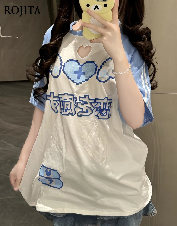 

Cute Versatile Cotton T-shirt Kawaii Girl Animation Printed Love Hollow Short-sleeved Top Subculture Y2k Splicing Color Tops