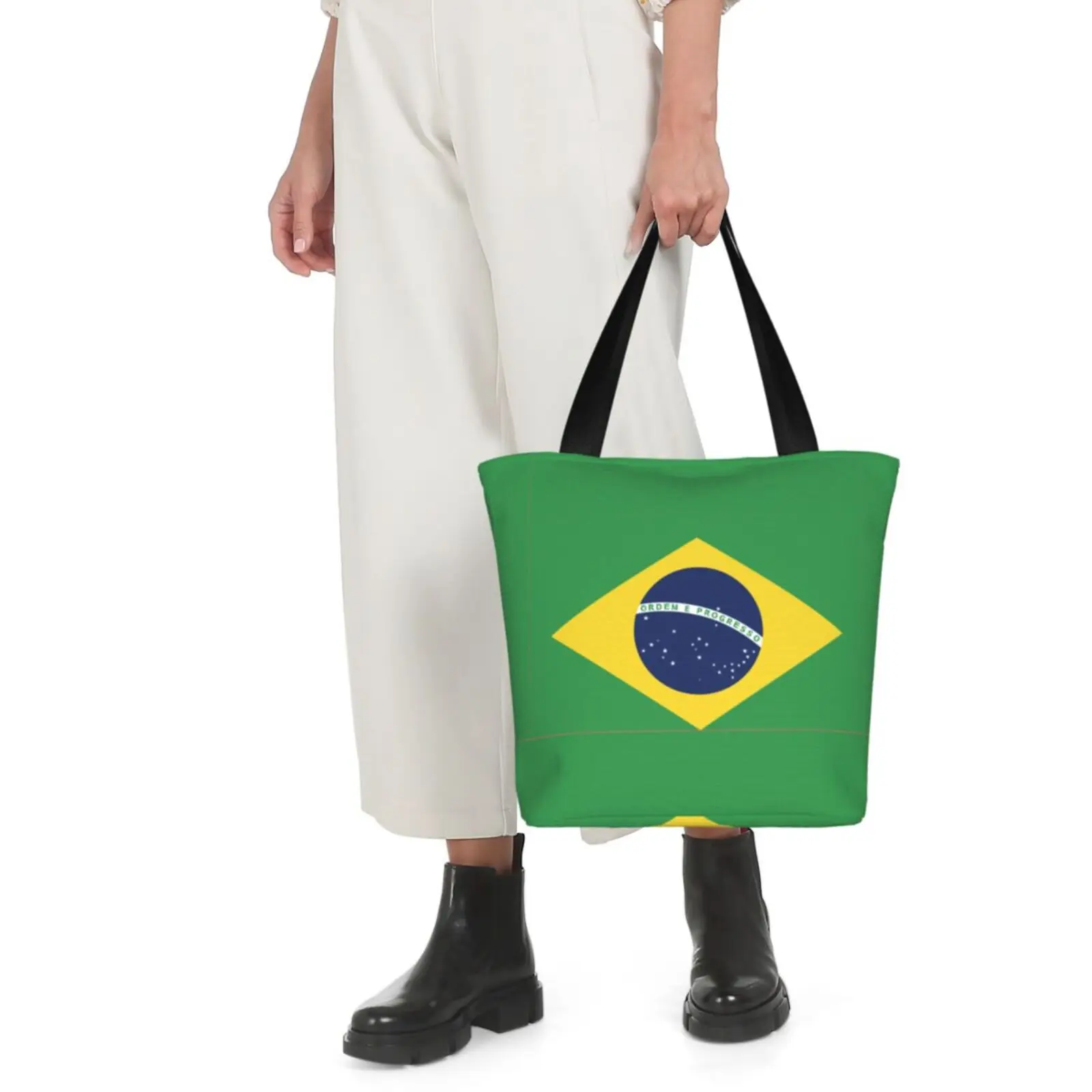 

Brazil National Flag Tote Bag Single Shoulder Shopping Grocery Bags Oxford Fashion Handbag with Zipper Women Gifts Girls Kids