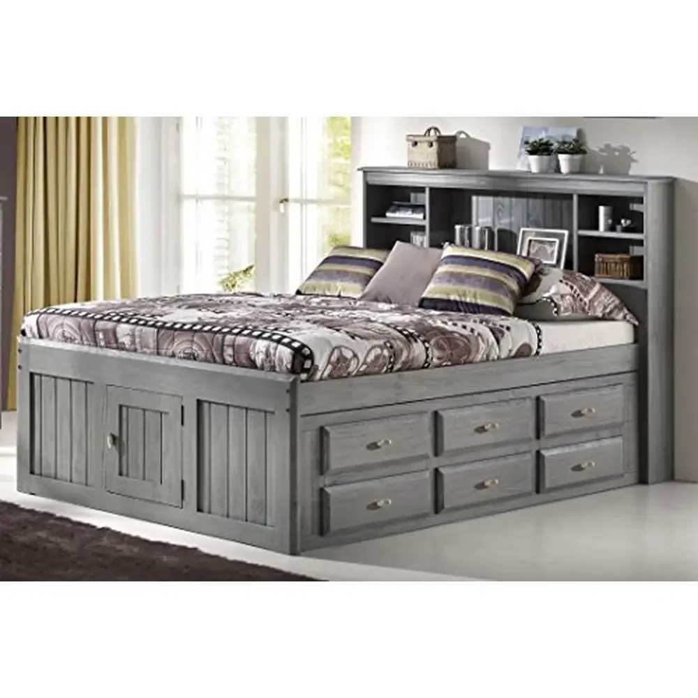 Full Charcoal Bookcase Bed Solid Pine Construction 12 Drawers Mattress Ready 2 Adjustable Shelves Painted Gray with Black Wax