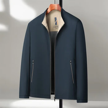 Elegant zakelijk casual herenjack met opstaande kraag, winddichte bovenkleding voor dagelijks woon-werkverkeer voor herfst en winter, los jack met ritssluiting.