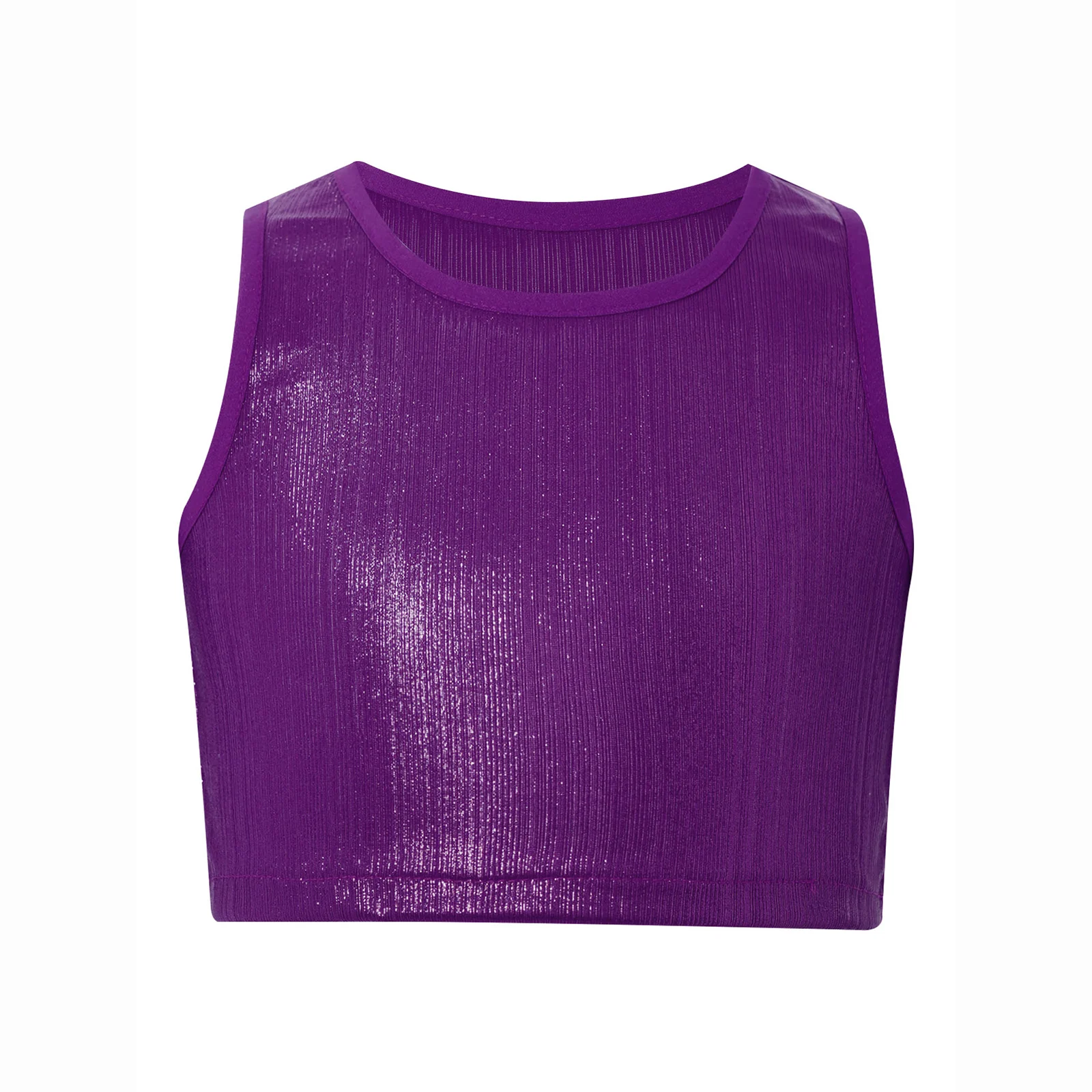 

Kids Girls Jazz Dance Performance Outfit Round Neck Sleeveless Metallic Ribbed Crop Top Stage Party Professional Dance Vest