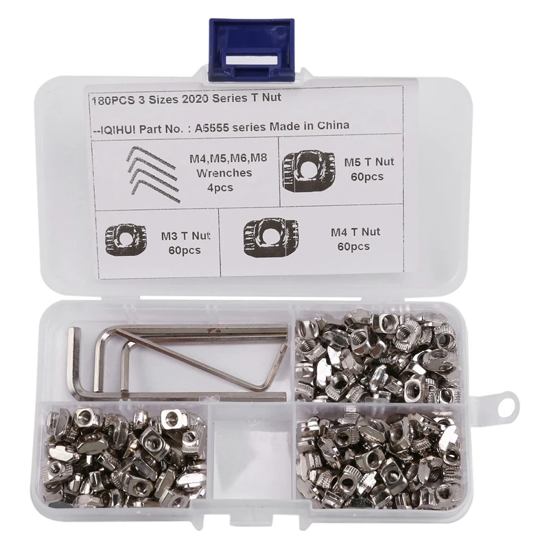 

180Pcs T-Slot Nut Nickel Coated M3 M4 M5 For Aluminum Profile European Standard (With Wrench)