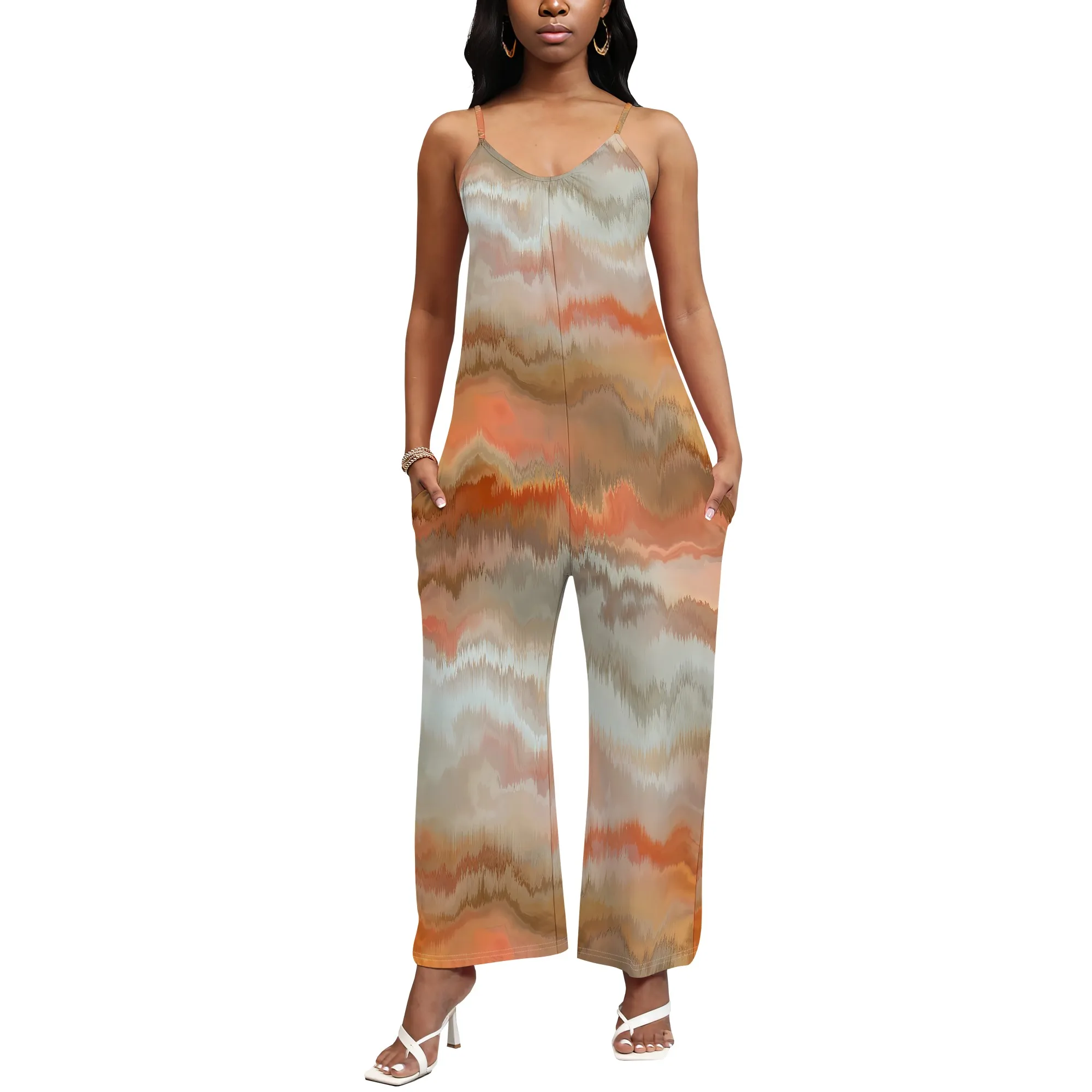 EQQZD Colorful Tie-Dye Print Sleeveless V-Neck Jumpsuit with Pockets, Spaghetti Strap Top Wide Leg Pants Jumpsuit