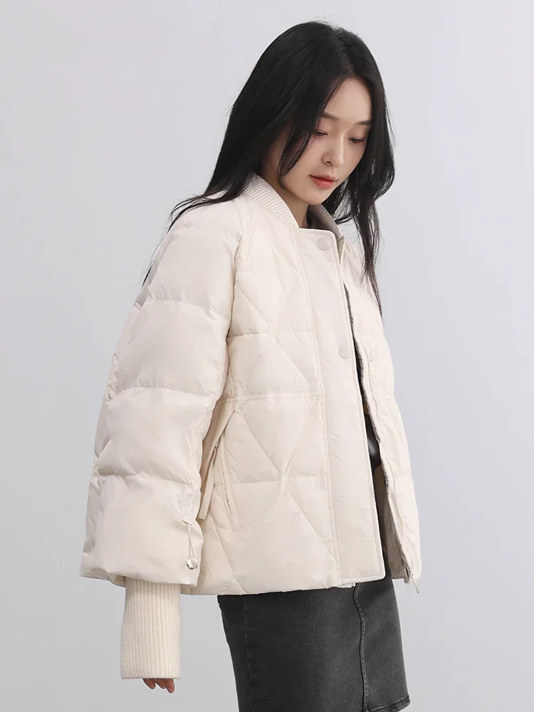 Women\'s Baseball Collar Knitted Sleeve Splicing Short Down Coats, Warm Winter Coat, Thick, 90 White Duck Down Lady Jackets