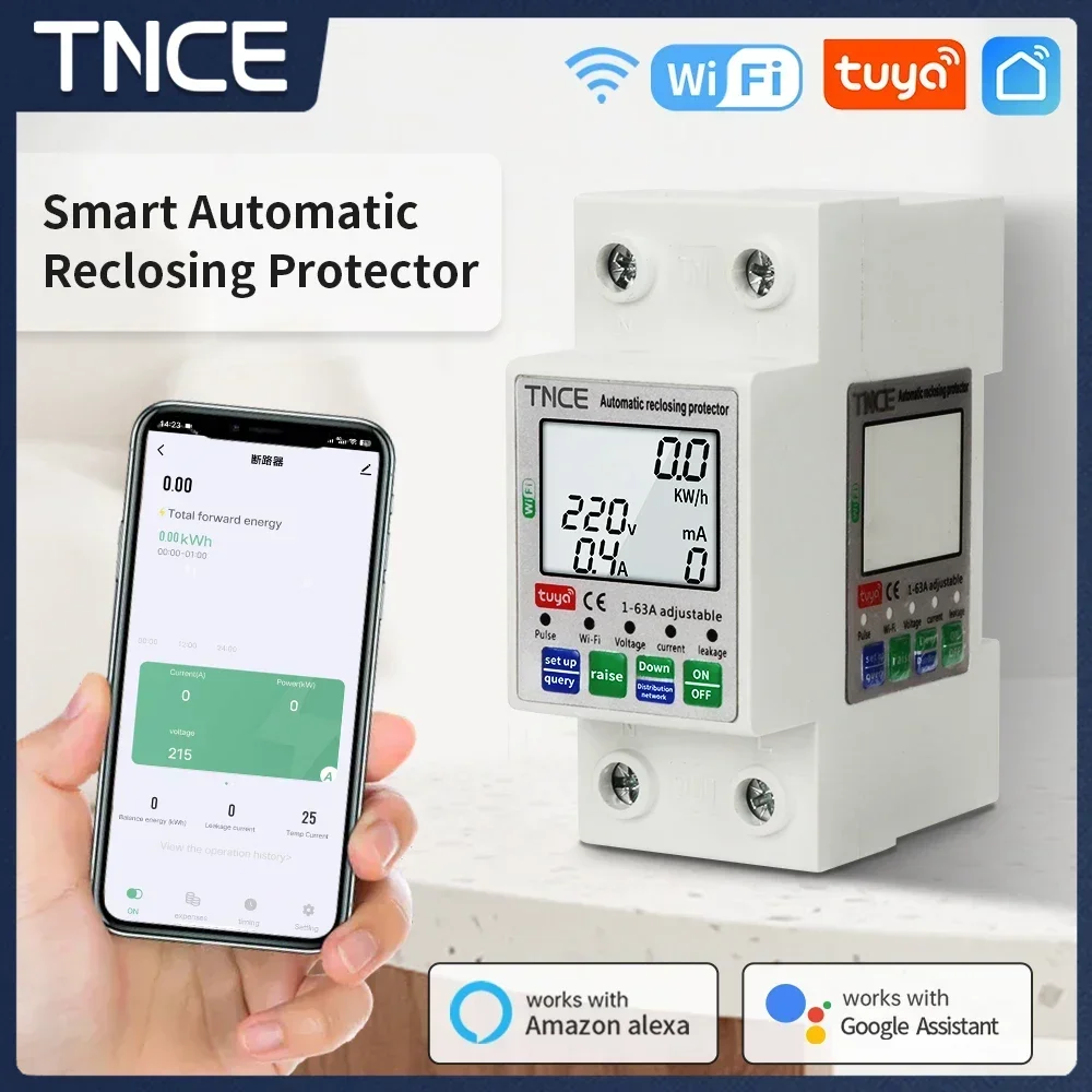 TNCE Tuya WIFI Smart Switch Kwh Metering Circuit Breaker 2P 63A Timer Over/Under Voltage current Leakage Protector Switch