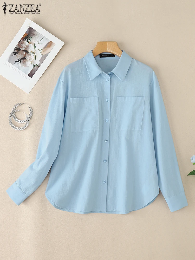 ZANZEA Dames Casual overhemden met kraag Street Fashion Lange mouwen Button Up Chemise Femme Oversized katoenen effen kleur Overshirts