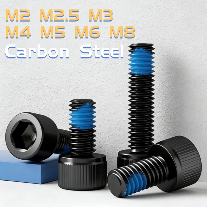 M2 M2.5 M3 M4 M5 M6 M8 Black Carbon Steel Hexagon Socket Cap Half Coated Blue Glue Dispensing Screw Adhesive-coated Allen Bolts