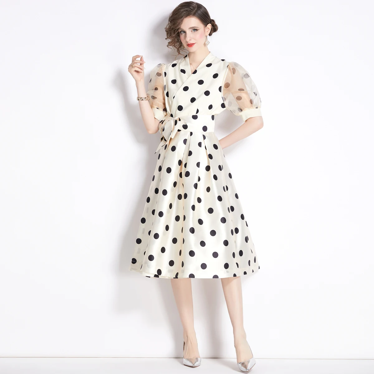 Vintage Summer Polka Dot Prom Party Midi Dress French High Quality Women V Neck Mesh Puff Sleeve Lace Up Bowknot Ball Gown Dress