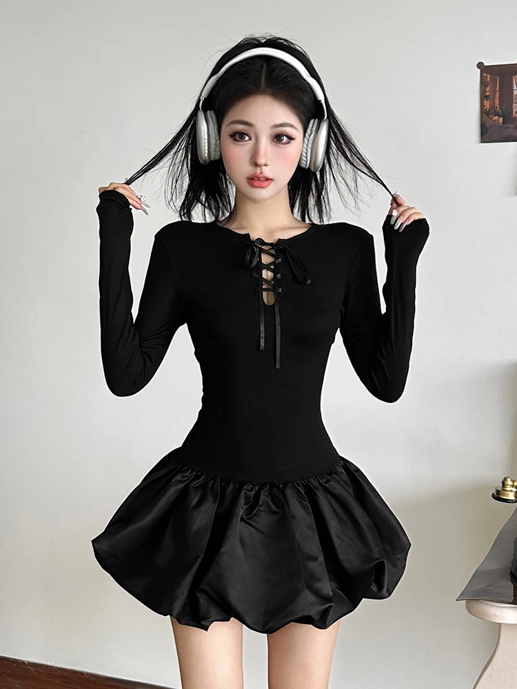 

Weird Puss Sweet And Spicy Sle Long Sve Hollow out round Ne Dr Women's Slim Fit Bud Skirt ort Dr Casual Wear