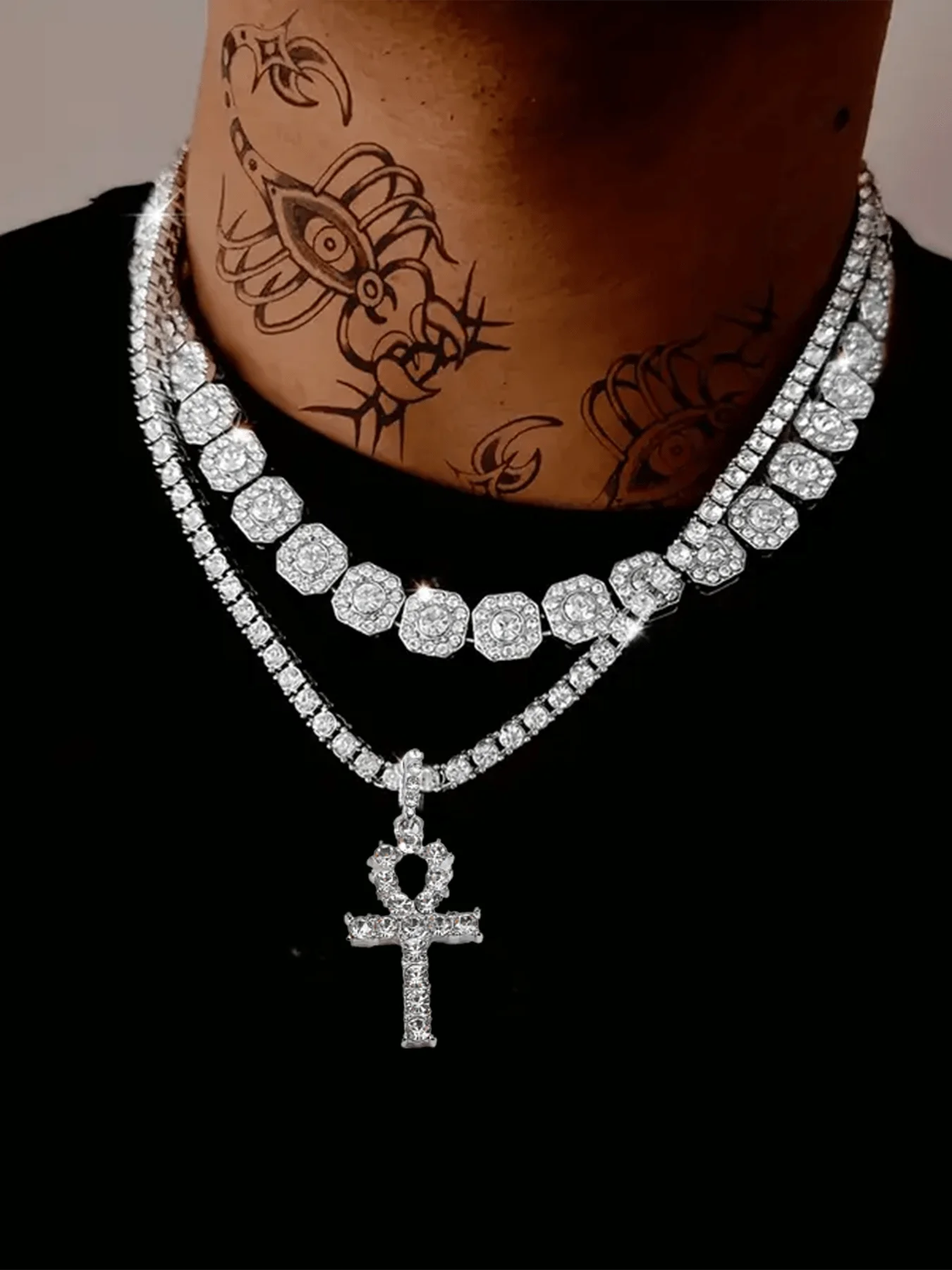 Mens Cubed Design Pendant Tennis Chain And Ankh Cross Necklace Set Fashion Jewelry