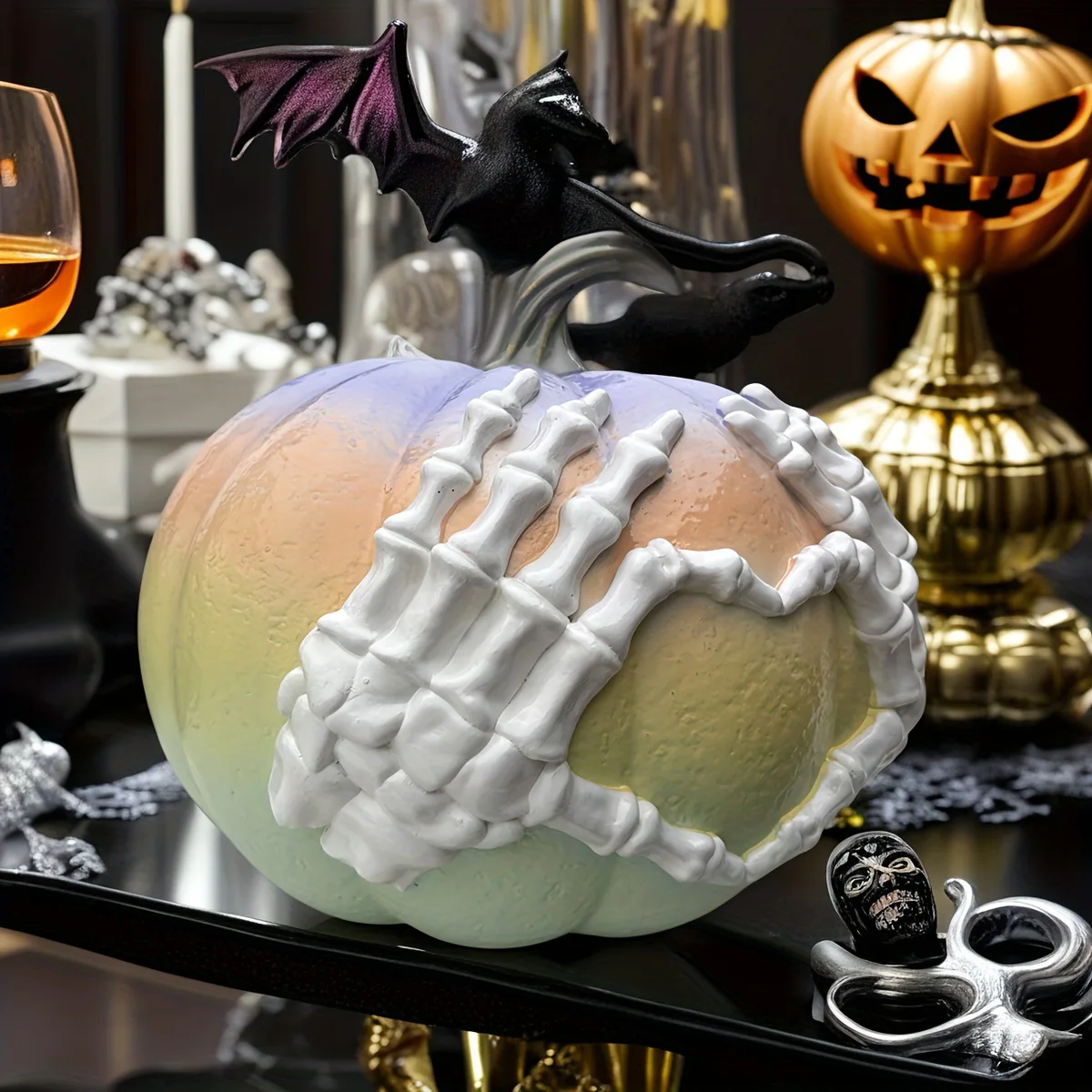 Halloween dopamine pink skeleton hand pumpkin statue goth decorative resin crafts