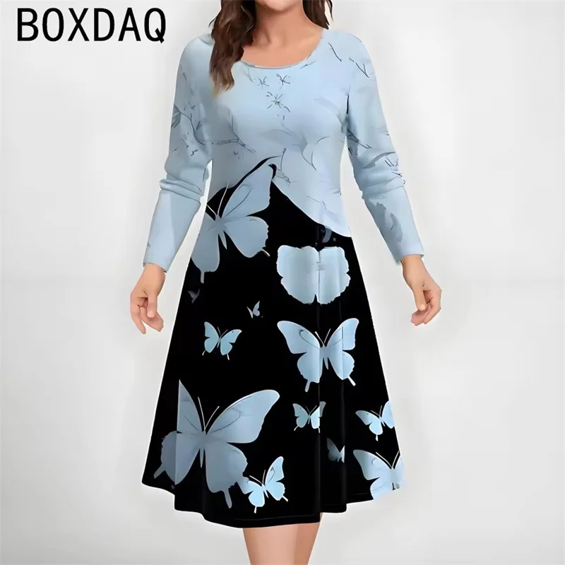 2025 herbst Neue frauen Kleid Lange Ärmeln Rundhals Casual A-line Lose Kleid 3D Vintage Blumen Kleid Vestidos De mujer