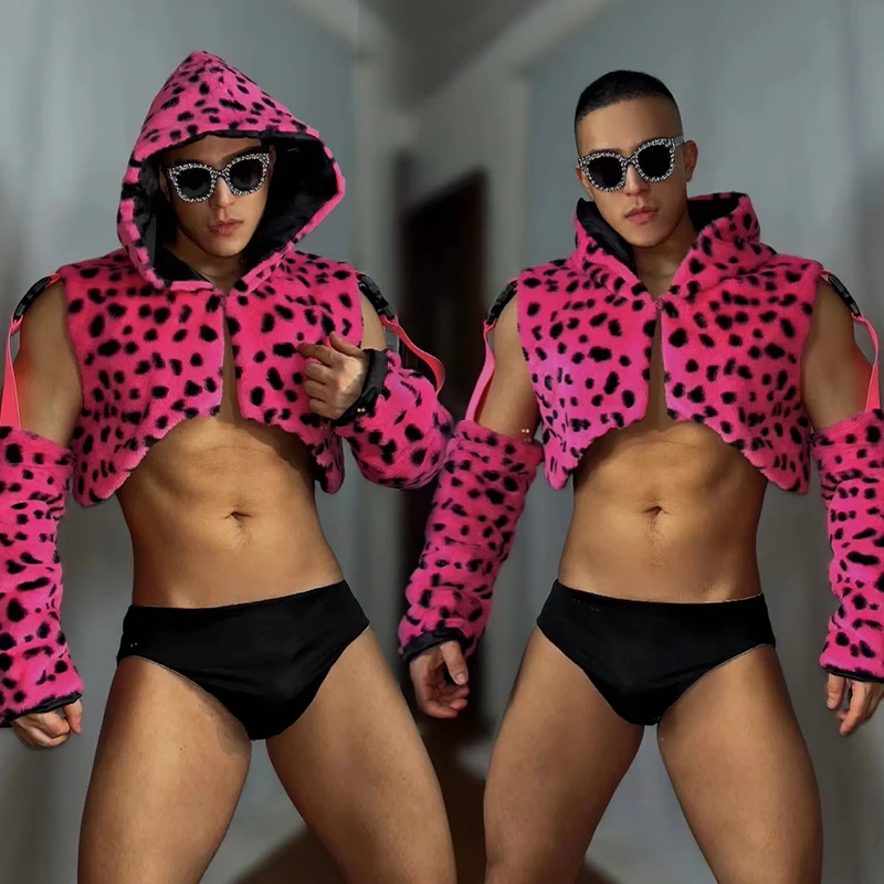 

Розовый леопардовый костюм танцовщицы Gogo, мужской сексуальный костюм для танца на пилоне, мужская одежда для рейва, одежда для ночного клуба, певицы, Dj Ds, одежда для выступлений VDB7566