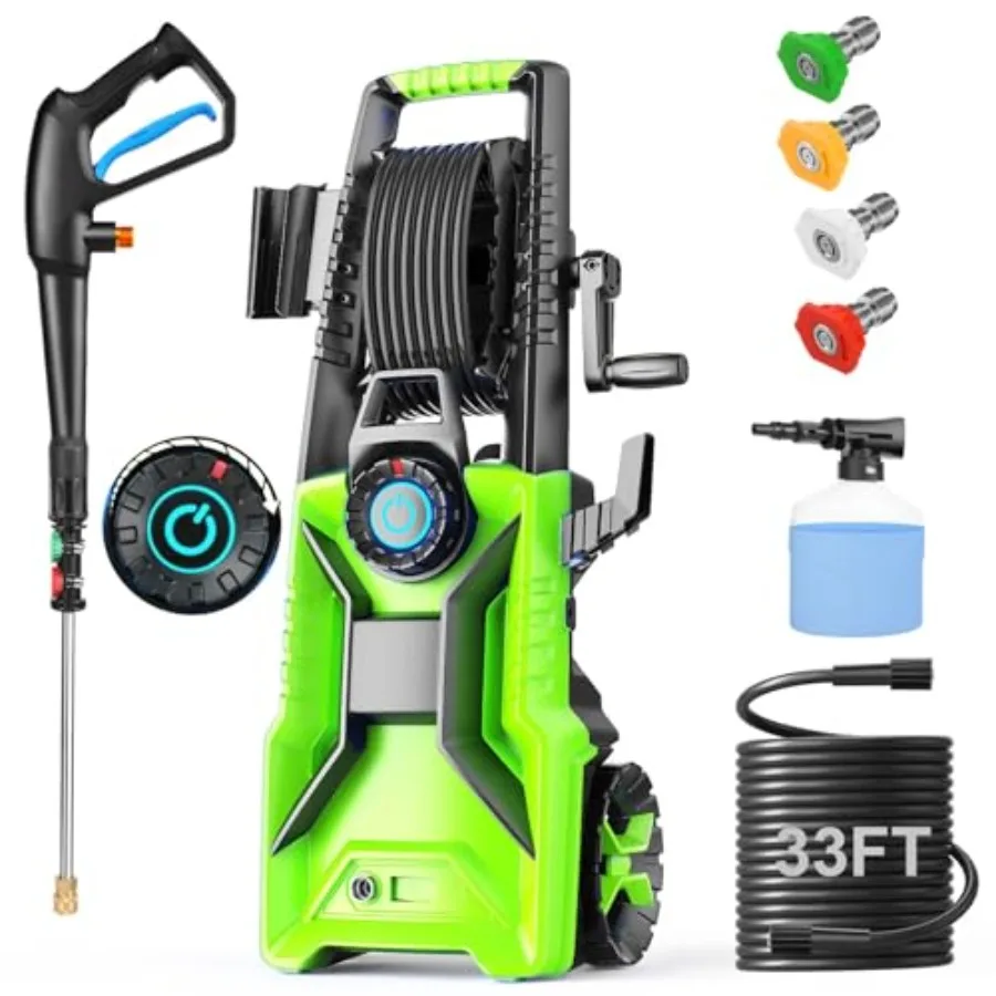 

Electric pressure washer for home/cars/fences, green ABS plastic, 5000 PSI 3.9 GPM adjustable pressure, includes foam cannon, 4