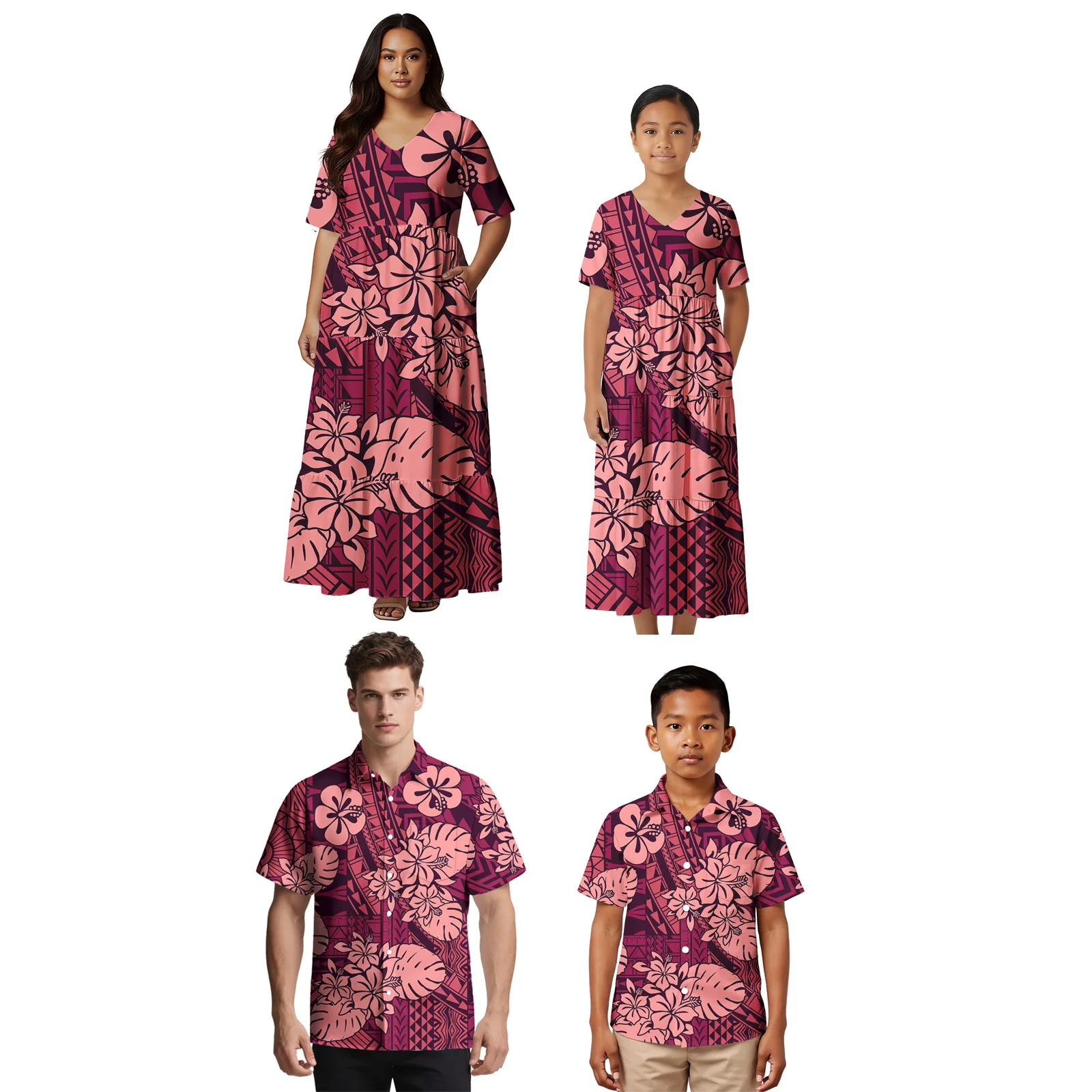 

Рубашки с тропическим узором в самоанском стиле для мужчин и мальчиков, элегантные гавайские платья для женщин и девочек, семейные комплекты в полинезийском стиле