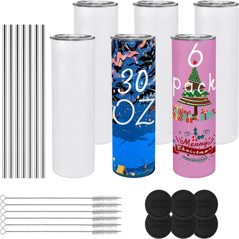 

KB-Pack Of 6 30 Oz Sublimated Glass Tumbler Blanks With Lid And Straw,Stainless Steel Double Wall Insulated Cup Blanks, DIY Dura