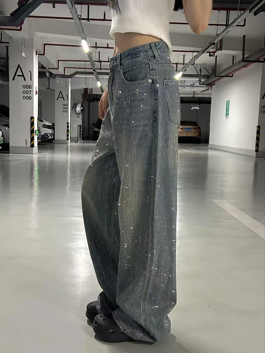 Pbap brilho strass azul baggy jeans feminino cintura alta bigodes fazer velho denim perna larga calças retas y2k vintage streetwear