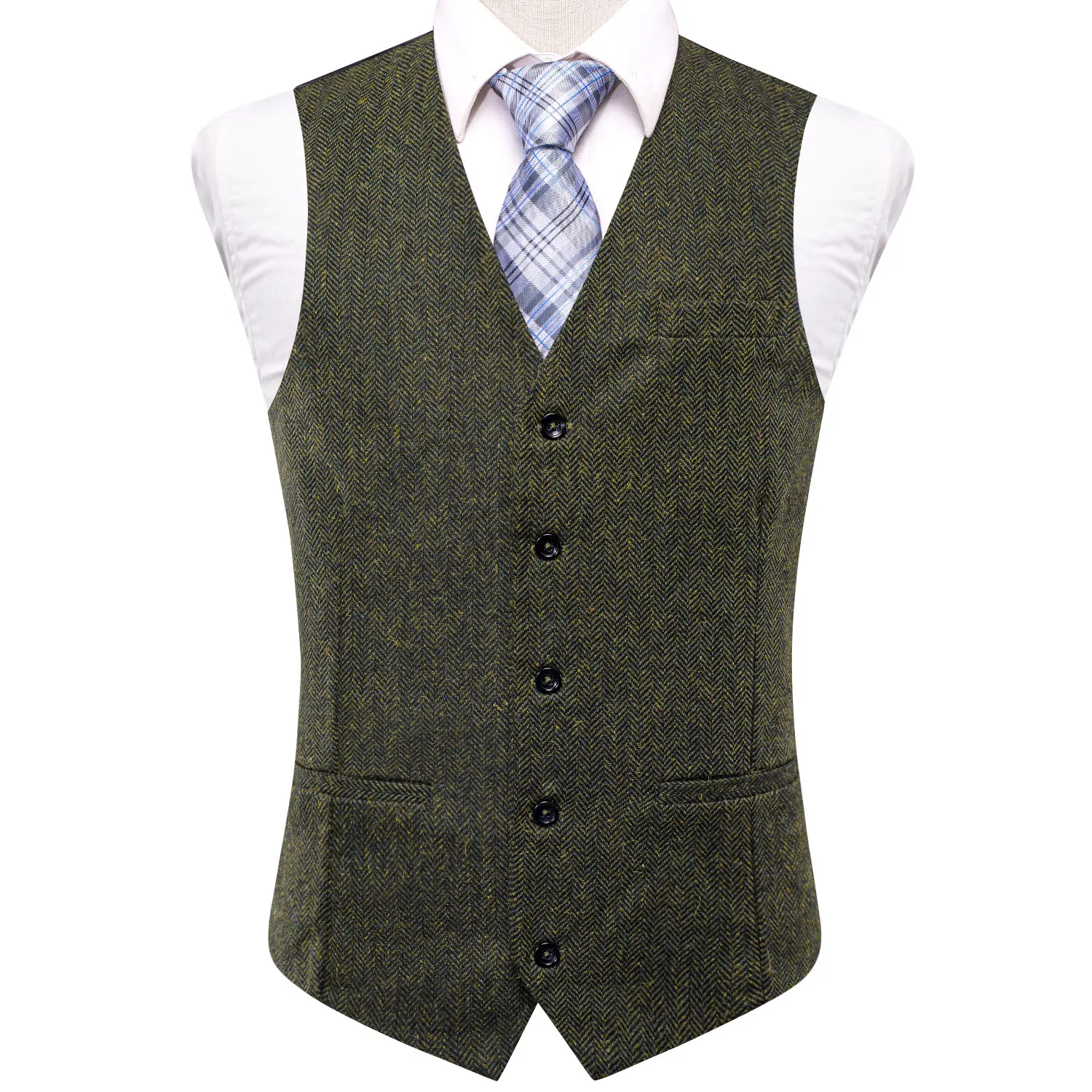 Herren-Anzugweste mit V-Ausschnitt in Braun und Grün mit Fischgrätenmuster, Einzelstück, Accessoires nicht enthalten, geeignet für Hochzeiten und Abendveranstaltungen. – Detail 2