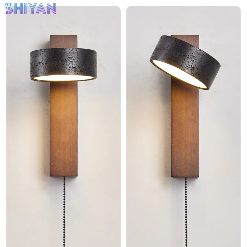 

Черный травертиновый настенный светильник для прикроватной тумбочки спальни с переключателем на цепочке, вращающийся японский светодиодный светильник из дерева и камня для квартиры