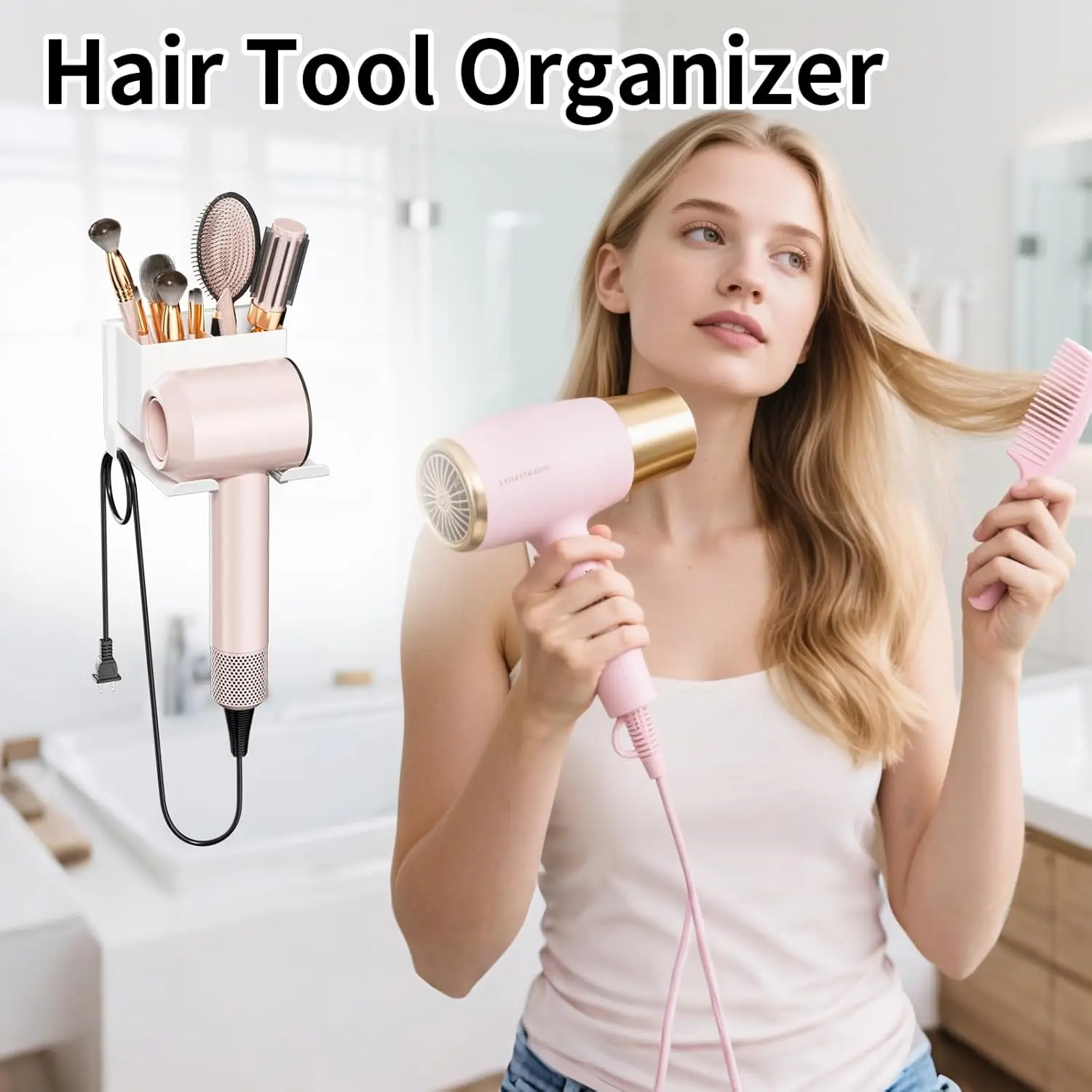 Wall Mounted Hair Dryer Holder Stand Space-Saving Bathroom Vanity Storage Organizer for Blow Dryer And Straightener Cradle