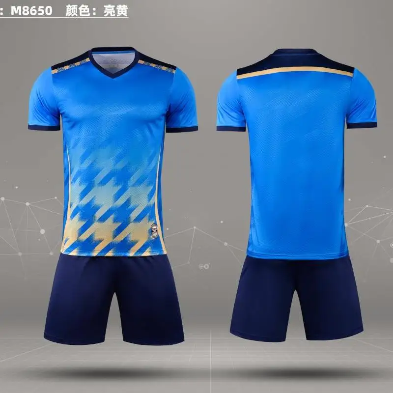 Custom camisa de futebol de manga curta e shorts conjunto, marca desgaste, azul, vermelho, branco, modelo 8650, 23-24, verão