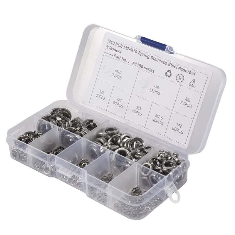 Mar.Spring Lock Washer,304 Stainless Steel Spring Lock Washer Assortment Set (410-Pcs,8-Size)