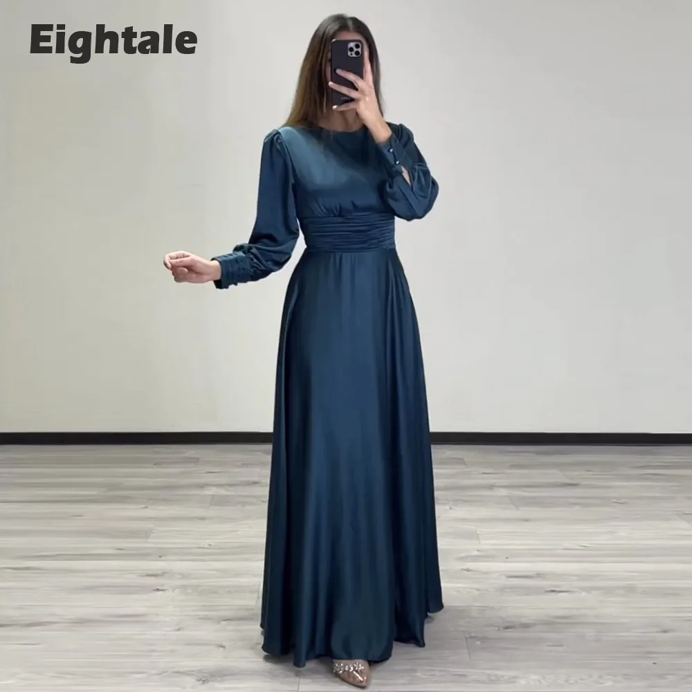 

Eightale Elegant Evening Dress O-Neck Long Sleeves Floor Length Muslim Dubai Satin Prom Party Gowns robe de soirée femme