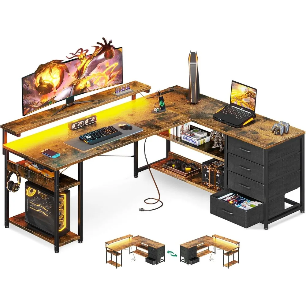 Bureau en forme de L de 61 pouces avec tiroir, bureau d'ordinateur avec prises de courant et lumières LED, bureaux de jeu d'angle réversibles pour le bureau à domicile